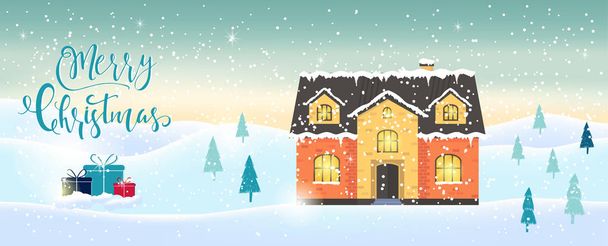 Christmas background with winter house and forest. Lettering and white sparkling snowflakes. perfect holiday illustration with cozy home, cottage, landscape with trees. Space for text. Template for decoration, greeting card, invitation. - Vector, Imagen
