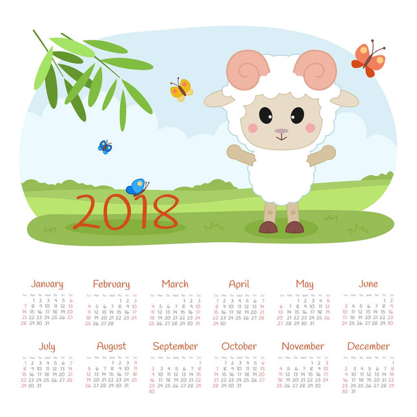 Calendar 2018 year. Week starts from Sunday - Vector, Image