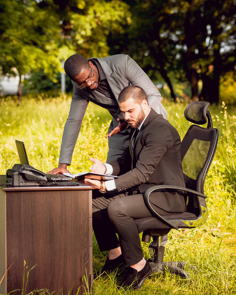 Two young multicultural businessmans at work in the park. Concept of remote work. - 写真・画像