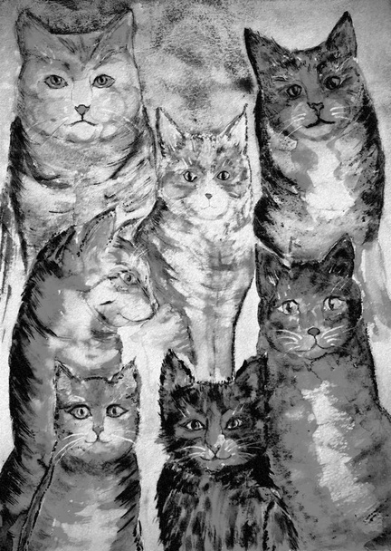 Gathering of different kind of cats in black and white. The dabbing technique gives a soft focus effect due to the altered surface roughness of the paper. - Photo, Image