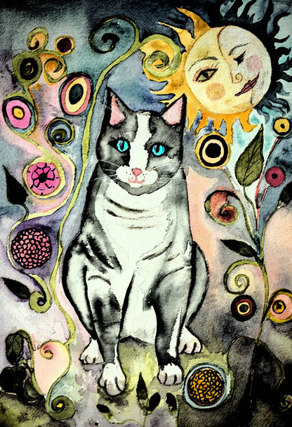 Gece gri Halk sanat kedi. Yumuşak odak etkisi nedeniyle değişmiş yüzey pürüzlülüğü kağıdın dabbing tekniği verir. - Fotoğraf, Görsel