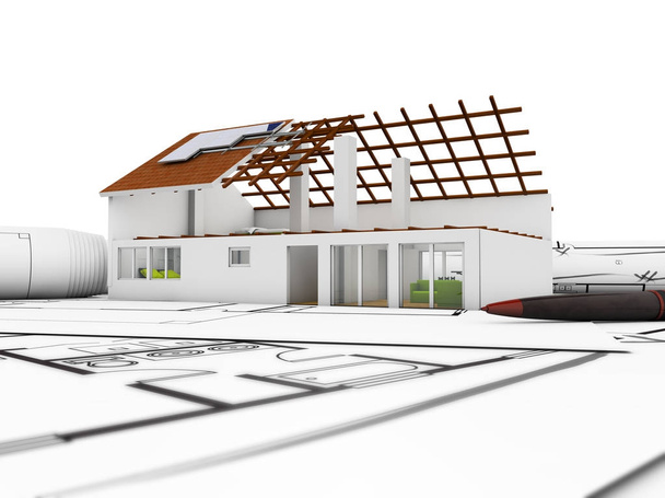 arquitetura casa mock up sobre desenhos técnicos
 - Foto, Imagem