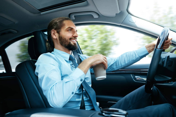 Portrait Of Business Man Driving Car - Photo, Image
