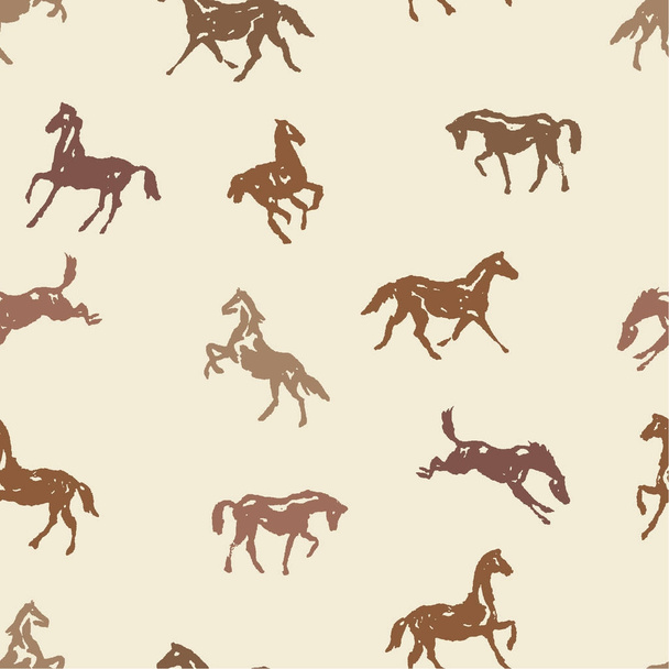Pattern with silhouette horses in various poses and motion. Seamless vector background with hand drawing horses. Brown color England equestrian sport traditional style for trendy fashion fabric. - Vektor, obrázek