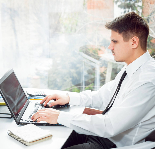 Businessman working in office before laptop - Photo, image