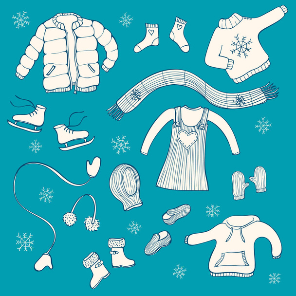 Készlet a téli ruházati cikkek, sorban a kék háttér - Vektor, kép