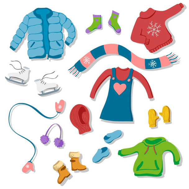 Σύνολο των εικονογραφήσεων ρούχα χειμώνα σε επίπεδη στυλ - Διάνυσμα, εικόνα