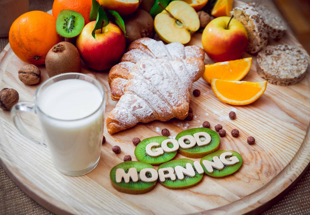 Healthy breakfast with milk, fruits and croissants - Foto, Imagem
