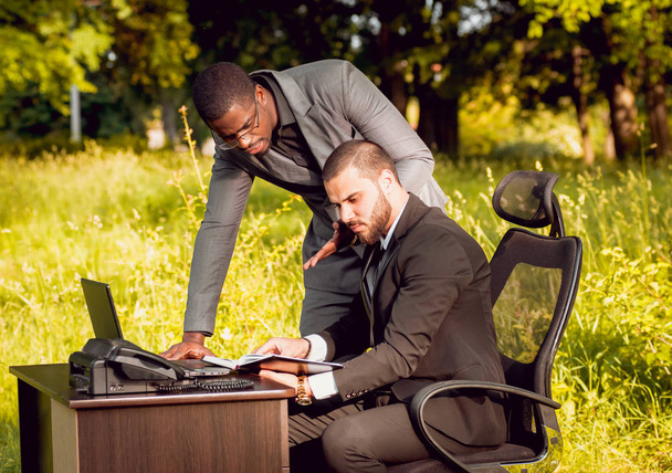 Two young multicultural businessmans at work in the park. Concept of remote work. - 写真・画像