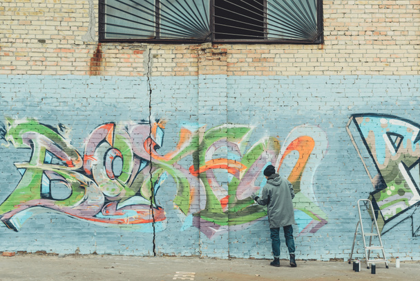 back view of man painting colorful graffiti on wall - Valokuva, kuva
