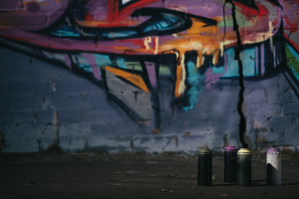 colorful graffiti on wall cans with aerosol paint standing on foreground - Photo, Image