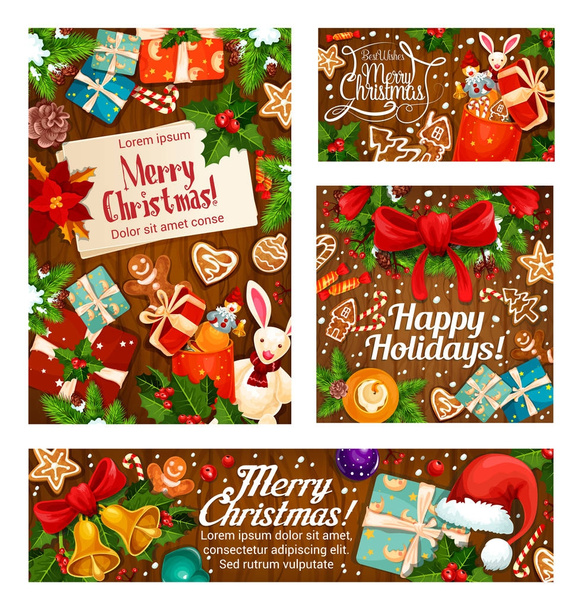 Presentes de Natal cartão de saudação no fundo de madeira
 - Vetor, Imagem