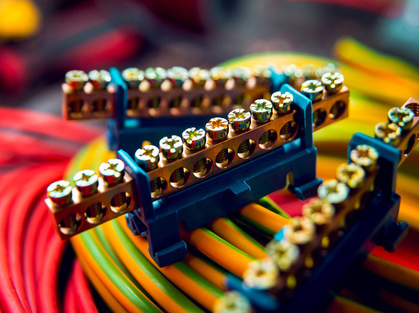 Close up of electrical equipment. Multicolored cables. - Foto, Bild