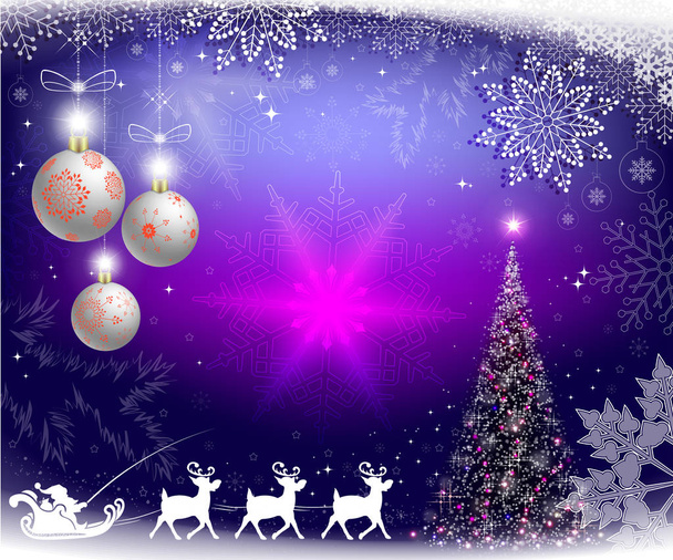 Χριστούγεννα μωβ φόντο με νιφάδες χιονιού, χριστουγεννιάτικου δέντρου και Άγιου Βασίλη σε ελάφια - Διάνυσμα, εικόνα