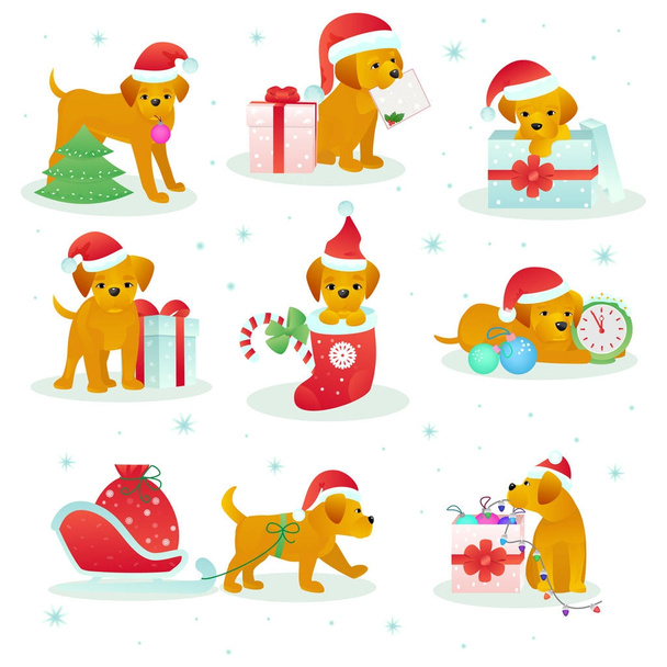 クリスマス犬ペット ベクトル動物子犬白背景イラストに分離された犬に贈呈された贈り物をクリスマスまたは新年の年間休日の祭典のサンタ帽子 - ベクター画像