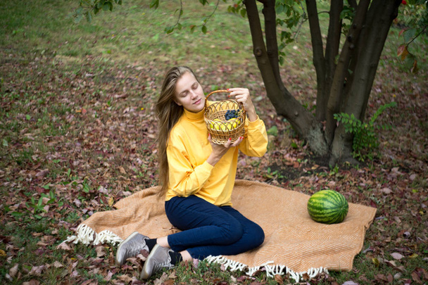 girl autumn picnic - 写真・画像