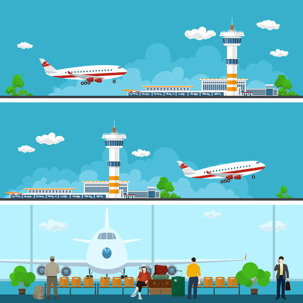 Repülőtér bannerek, utazási koncepció - Vektor, kép