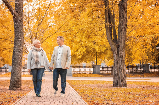 Mature couple walking in park on autumn day - Фото, изображение