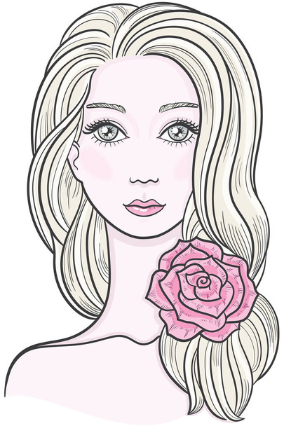Κομψή γραμμή τέχνη του μια όμορφη νεαρή γυναίκα με το λουλούδι στα μαλλιά της - Διάνυσμα, εικόνα