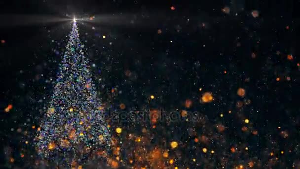 Merry Christmas video wenskaart. Kerstboom met glanzende licht vallende sterren, 4 k video achtergrond en sneeuwvlokken - Video