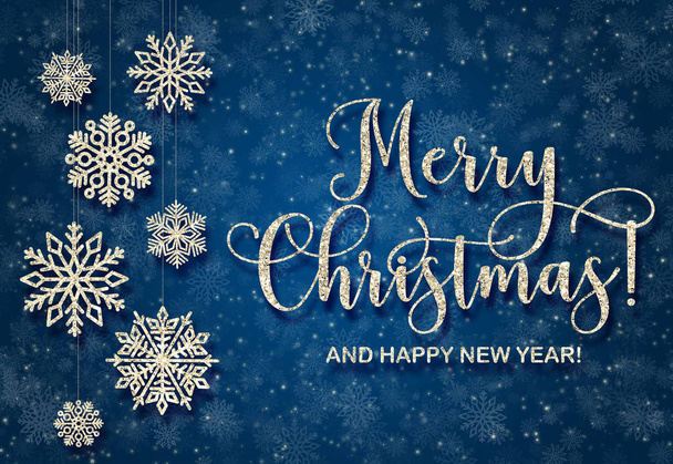 Grußkarte mit goldenem Text auf blauem Hintergrund. Glanz frohe Weihnachten und ein glückliches neues Jahr - Foto, Bild