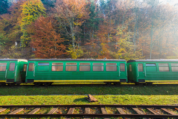 Spoorlijn trein op verlaten treinstation in Carpathia bergen, Polen. - Foto, afbeelding