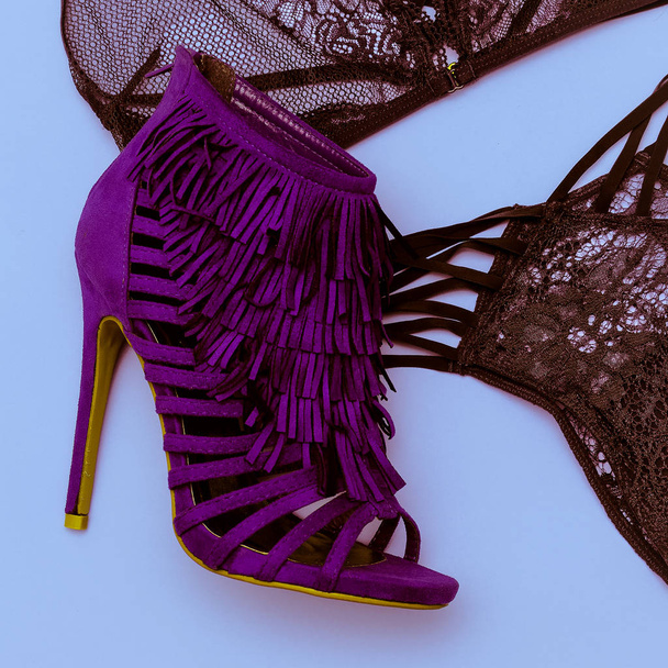 Romantic date concept. Lace underwear and shoes heels. Top view - Foto, Bild
