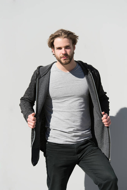 Man in tshirt and warm coat, male fashion - Fotoğraf, Görsel