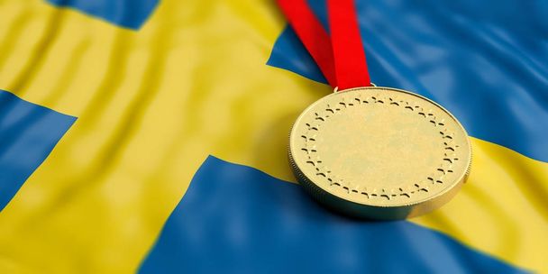 Золоту медаль на прапор Швеції. Горизонтальні, повний кадр крупним планом подання. 3D ілюстрація - Фото, зображення