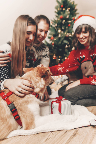 amis heureux en chandails élégants et chien drôle mignon échangeant des cadeaux assis à l'arbre de Noël avec des lumières
 - Photo, image