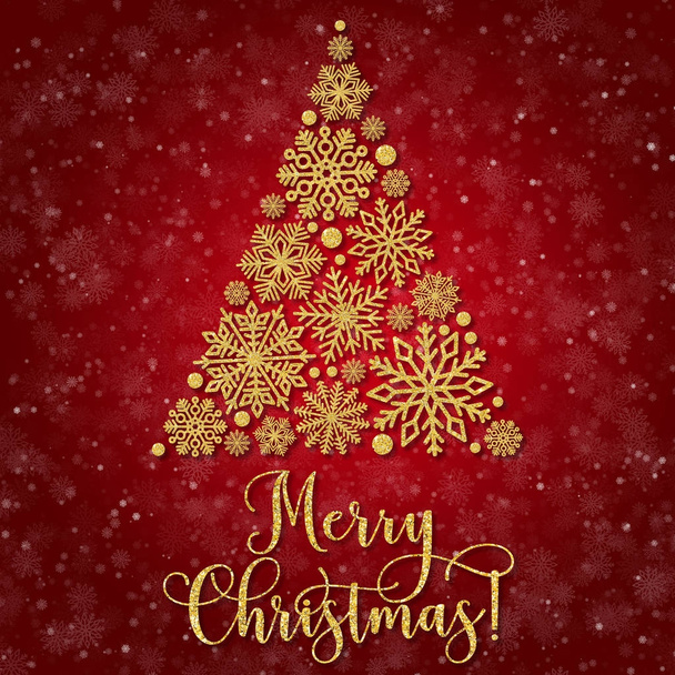 グリーティング カード ゴールデン テキストおよび赤い背景上に抽象的なクリスマス ツリー。キラキラ フレーズ メリー クリスマス - 写真・画像