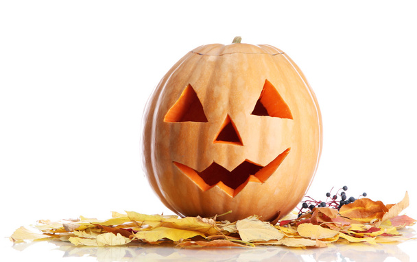 halloween pumpkin and autumn leaves, isolated on white - 写真・画像