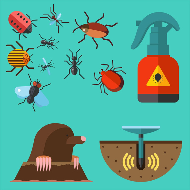 Home pest insect vector control expert vermin exterminator service pest insect thrips equipment flat icons illustration. - Vector, Imagen