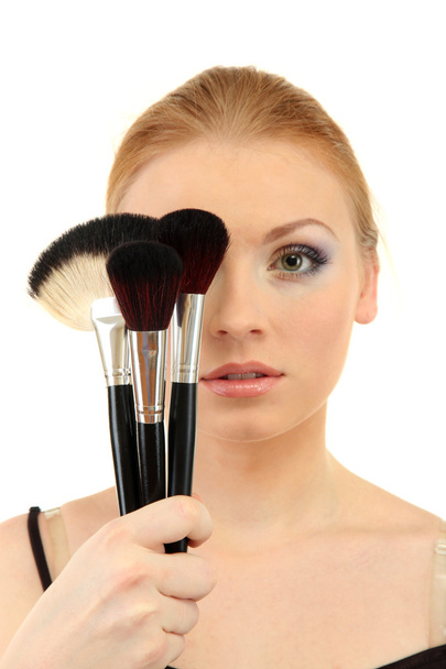 portrait of beautiful woman with make-up brushes, isolated on white - Foto, Bild