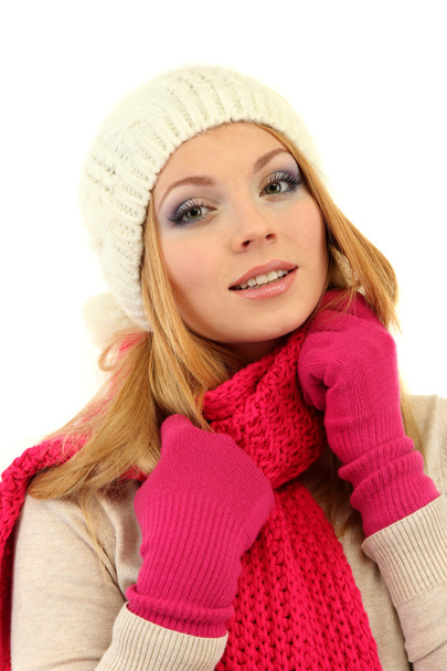 Young beautiful woman wearing winter clothing, isolated on white - Zdjęcie, obraz