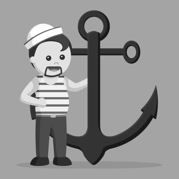 fat sailor standing beside anchor black and white style - Vector, Imagen