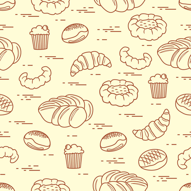 Pattern of different bakery products (bun, cheesecake, cupcake,  - Вектор,изображение