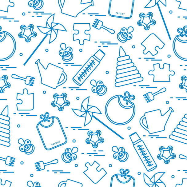 Cute seamless pattern with variety children's goods and toys: bi - Вектор, зображення