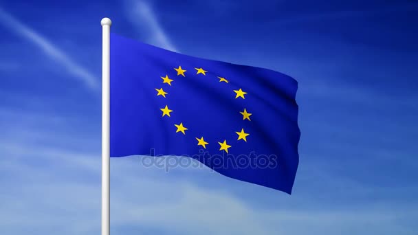 Integetett a kék ég háttér - renderelt 3D-s Európai Unió zászlaja - Felvétel, videó