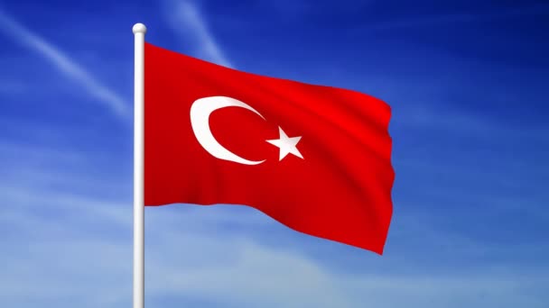 Κυματίζει σημαία της Τουρκίας σχετικά με φόντο το μπλε του ουρανού - 3d τετηγμένα - Πλάνα, βίντεο