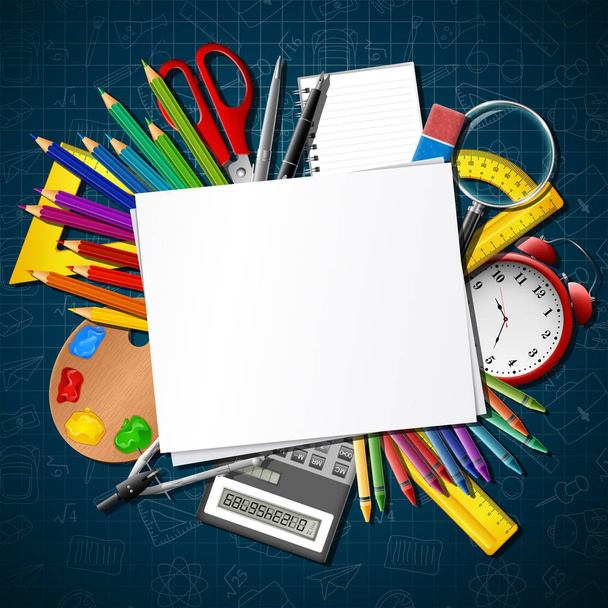 Back to school. School supplies and blank paper - Vector, imagen