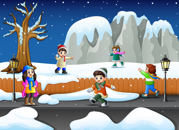 Vektori kuva sarjakuva lapset leikkivät lumisateessa puutarhassa
 - Vektori, kuva