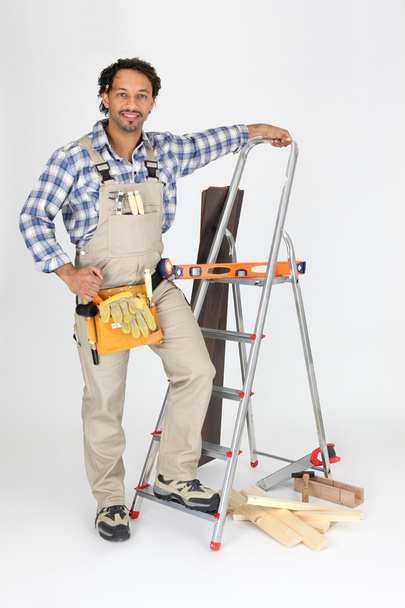 Carpenter stood with ladder - Zdjęcie, obraz