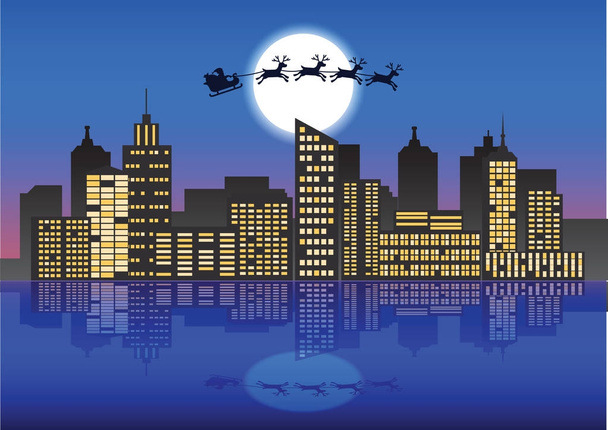 Santa Claus and reindeer fly over the city at the night with lot - Vector, Image