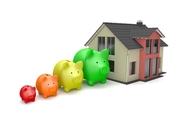 House building with piggy banks on the white background. 3d illustration.  - Photo, Image
