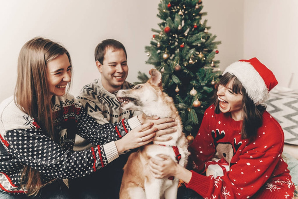 stylish hipster friends in festive sweaters playing and smiling with cute dog at Christmas tree lights - Photo, Image