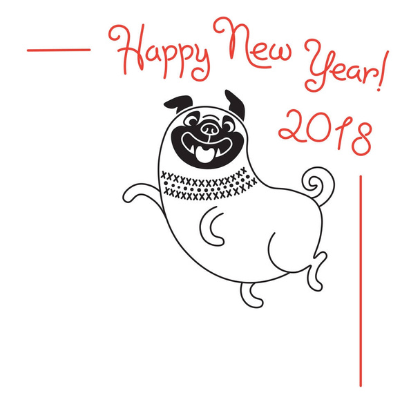 Happy 2018 nowy rok karty. Zabawny Mops gratuluje na wakacje. Pies Zodiak chiński symbol roku. - Wektor, obraz