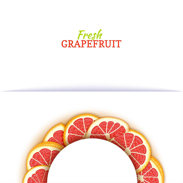 半円色付きのフレームは、おいしいトロピカル グレープ フルーツで構成されます。ベクトル カード イラスト。ザボン柑橘系食品包装ジュース朝食化粧品茶のデザイン半円形フレーム デトックス ダイエット - ベクター画像