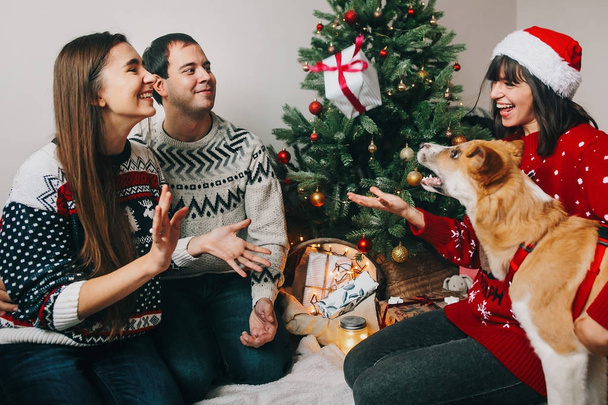birtoklás móka-val ajándékokat és kutya a karácsonyfa, a fény játszik a boldog család - Fotó, kép
