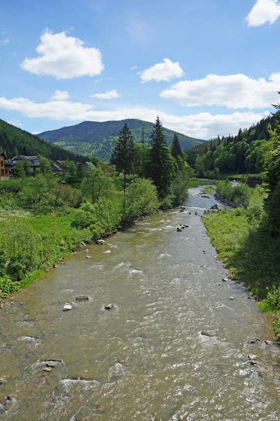 The mountain river Prut quickly flows around the mountain slopes of the Carpathian Mountains covered with dense forest. - Photo, Image